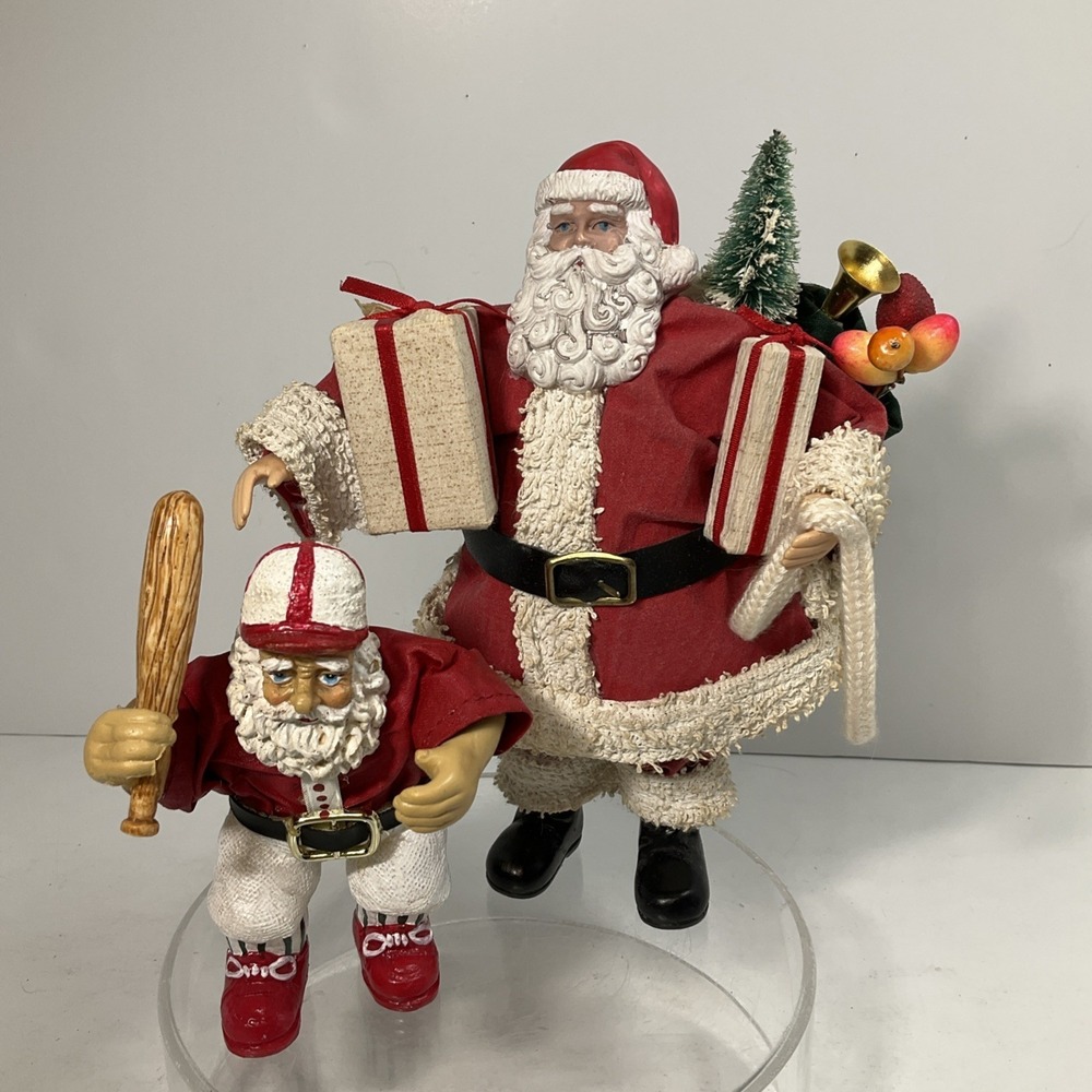 Vintage Fabric Mache Santa's 1 W/Gifts & 1 Baseball Santa Good Condition No Box